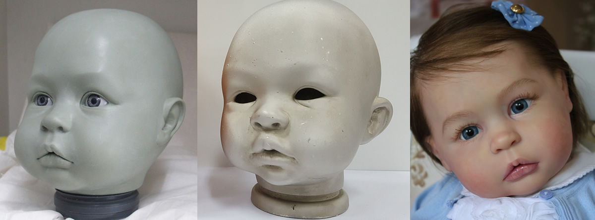 Un modelo de cabeza de muñeca en cera, el molde de galvanoplastia y la muñeca finalizada